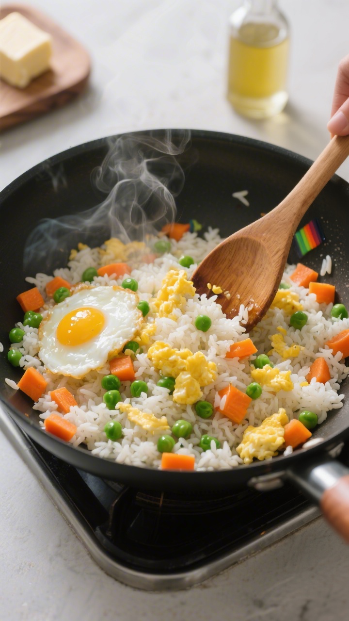 Overhead action shot of rainbow egg fried rice in a wok: day-old jasmine rice tossed with softly set scrambled eggs, finely diced carrot, bright green peas, and a hint of butter sheen. A wooden spatula mid-stir creating movement, steam rising. Colorful “rainbow” effect emphasized by the orange carrot, green peas, sunny yellow egg curds, and glossy rice grains. Minimal seasoning props (unsalted butter pat, neutral oil bottle) at the edge of frame. Clean stovetop setting, high contrast, crisp grains.