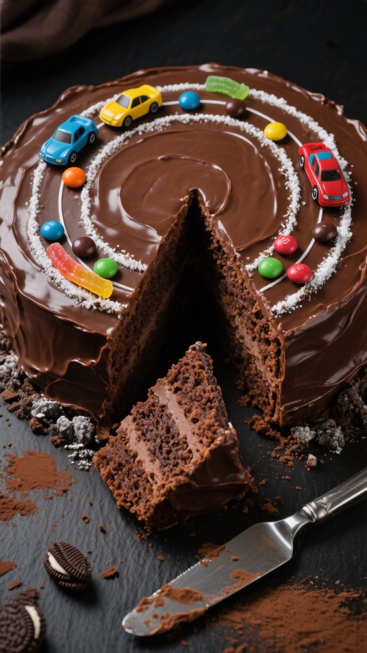 Overhead action shot of the Turbo Track Chocolate Cake With Candy Car Lanes: a rich, dark chocolate layer cake made from all-purpose flour, granulated sugar, and unsweetened cocoa powder, with a glossy chocolate frosting track winding across the top; brightly colored candy “car lanes” made from mini chocolate candies and gummy strips, with powdered sugar “lane lines” and crushed cocoa cookie “gravel” at the edges; two slices slightly pulled apart to reveal moist crumb from baking soda and baking powder lift; styled on a matte black slate with a few scattered cocoa powder smudges and a metal offset spatula, no people, studio lighting emphasizing silky frosting texture.