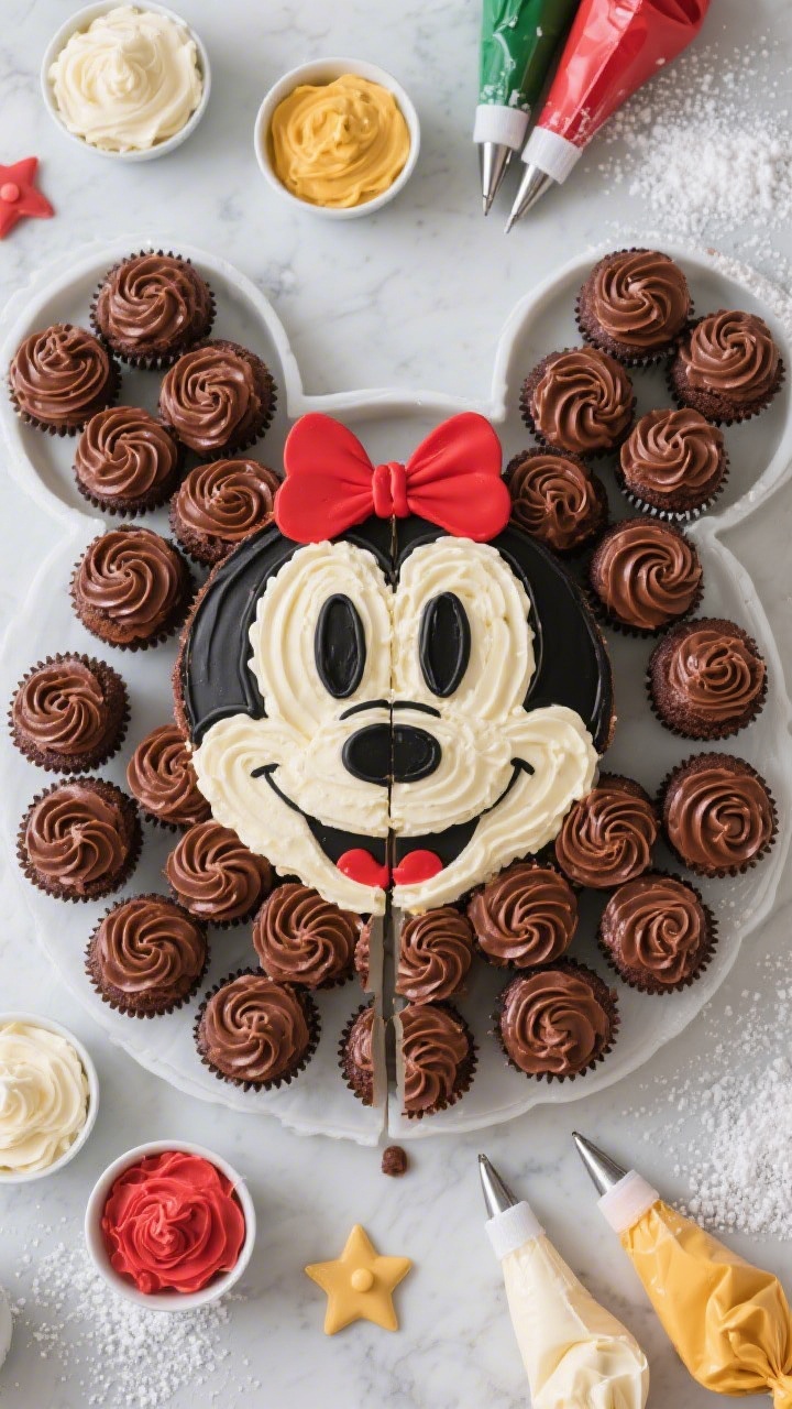 Overhead arranged shot of a Classic Cartoon Mouse Cupcake Pull-Apart being assembled: 24 chocolate cupcakes placed in a mouse-head silhouette, generously swirled with chocolate buttercream for the head and ears, vanilla buttercream tinted with black gel for bold outlines and red gel for accent bows, small bowls of tinted buttercream, piping bags with star and round tips, and a dusting of powdered sugar nearby; vibrant, graphic look with crisp edges and playful party mood.