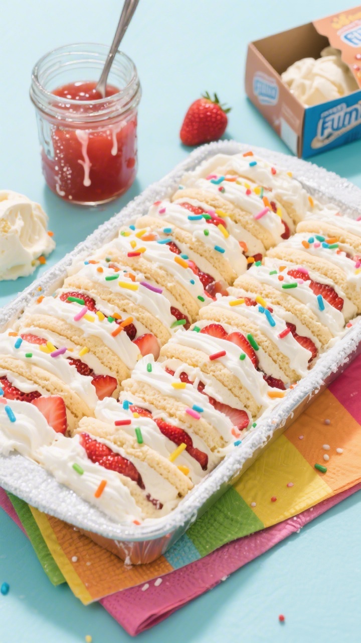 Overhead assembly shot of the Funfetti Ice Cream Sandwich Cake (No-Bake, All-Cheer): a rectangular pan lined with neat rows of vanilla ice cream sandwiches layered with ribbons of slightly softened strawberry and vanilla ice cream, topped with a thick blanket of whipped topping and rainbow sprinkles; a jar of strawberry sauce open with a spoon and drizzle trails; visible condensation and frosty edges for appetizing chill; include the open box of ice cream sandwiches and scoops of both ice creams nearby; bright, playful styling with colorful napkins, shot quickly to capture texture before melt, crisp studio light.