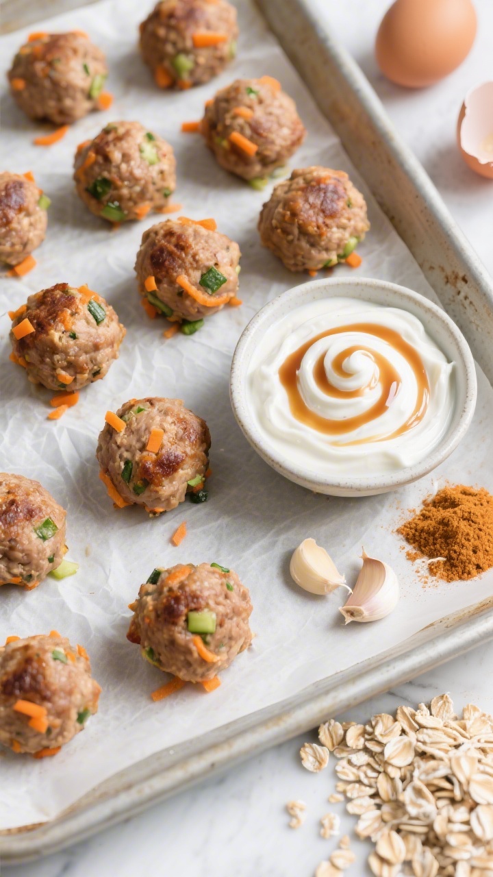 Overhead baking sheet scene of mini turkey breakfast meatballs fresh from the oven: evenly browned, juicy bites with tiny orange and green flecks from finely grated carrot or zucchini, set on parchment; a small bowl of maple-sweetened Greek yogurt dip swirled to a peak, with a drizzle track visible; ingredients arranged at the edges—quick oats, onion powder, garlic powder, and a cracked egg—clean, bright studio light for savory shine.