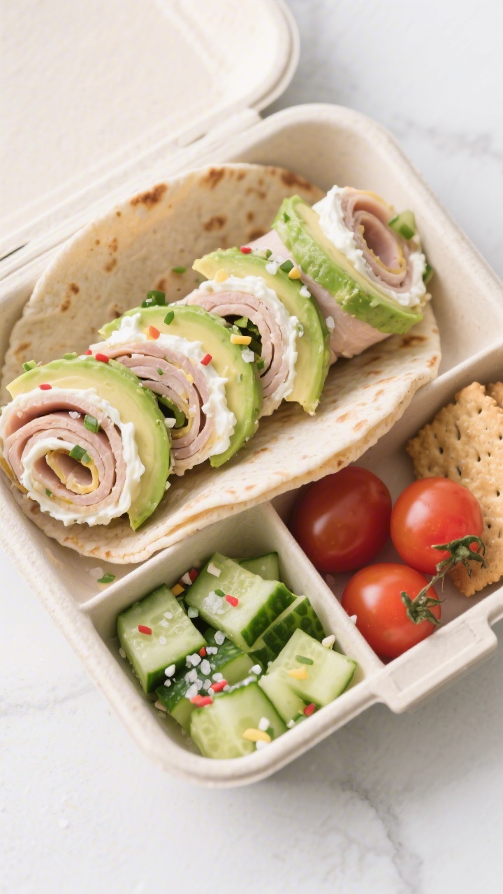 Overhead bento-box arrangement of turkey, avocado roll-ups with “confetti” cucumbers: a soft whole-wheat tortilla spread thinly with cream cheese, layered with 2–3 slices of deli turkey and thin avocado slices, rolled tight and cut into neat pinwheels; alongside tiny cucumber dice “confetti” tossed with a pinch of salt; compartments include a few cherry tomatoes and simple crackers as supportive props; clean minimal styling, bright and fresh tones.