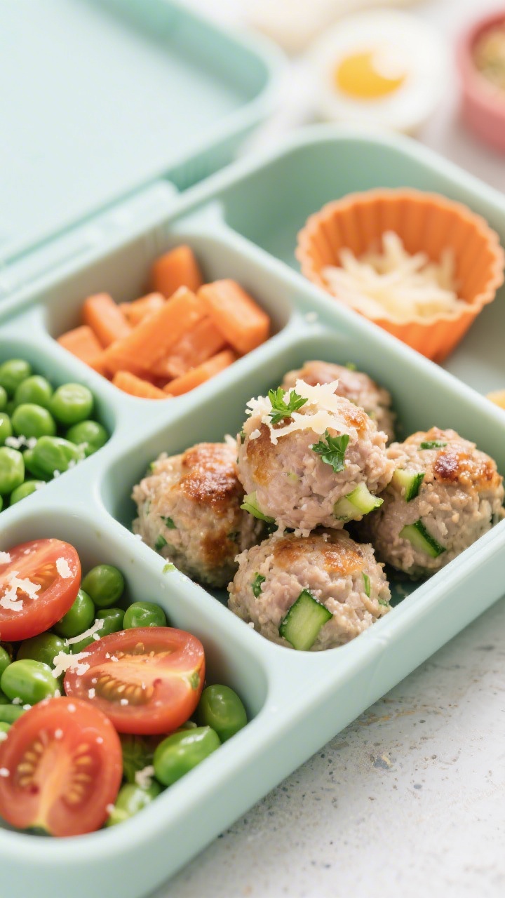 Overhead bento-box composition featuring soft turkey meatballs with hidden veg. Juicy, lightly browned turkey meatballs (ground turkey, fine breadcrumbs, grated zucchini and carrot, egg, Parmesan) nestled in one compartment; other compartments hold toddler-friendly sides like soft peas and halved cherry tomatoes. A tiny sprinkle of Parmesan on the meatballs, parsley flecks, and a silicone cup for tidy styling. Bright, family-friendly mood, clear focus on moist meatball texture.