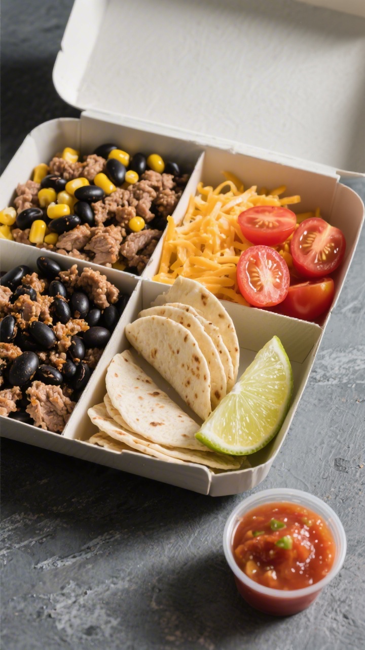 Overhead bento-style deconstructed taco snack box: neat compartments holding cooked ground turkey lightly seasoned with cumin, glossy black beans, bright yellow corn kernels, shredded cheddar, cherry tomato halves, mini flour tortillas wedges, and a lime wedge; a small container of mild salsa in the corner, clean lines and vibrant colors on a matte slate surface, natural light, no people, emphasis on DIY assembly.