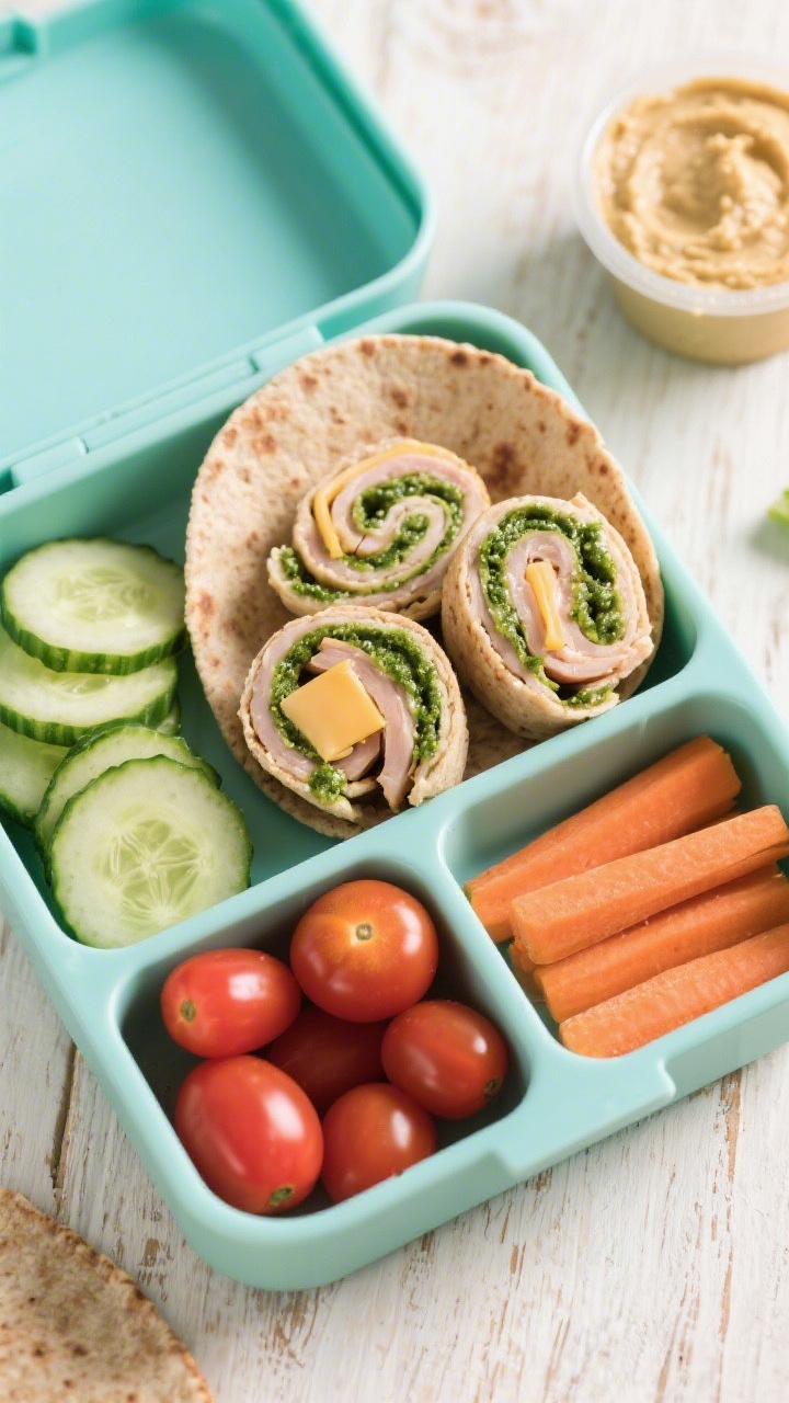 Overhead bento-style flat lay for DIY Bento Snack Box with Mini Turkey-Pesto Pinwheels: whole wheat tortilla pinwheels spread with vibrant green pesto, layered with oven-roasted turkey and provolone, sliced into tight spirals; arranged in a compartmentalized lunch box with sides like cucumber coins, grape tomatoes, baby carrots, and a small container of hummus; clean lines, colorful, kid-friendly vibe on a pale wood surface, no hands, neat arrangement.