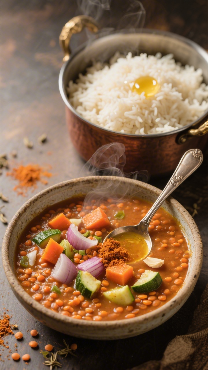 Overhead bowl-and-pot duo: A rustic bowl of cozy lentil veggie daal—creamy red lentils simmered with mild curry spices, finely chopped onion, diced carrot, zucchini, and minced garlic—topped with a gloss of ghee and a sprinkle of mild curry powder. Served alongside fluffy coconut rice in a separate bowl (pearled grains with a subtle sheen). Warm, golden lighting, steam visible, and a spoon resting in the daal to show thickness; scattered cumin/curry hints on the tabletop for aroma.