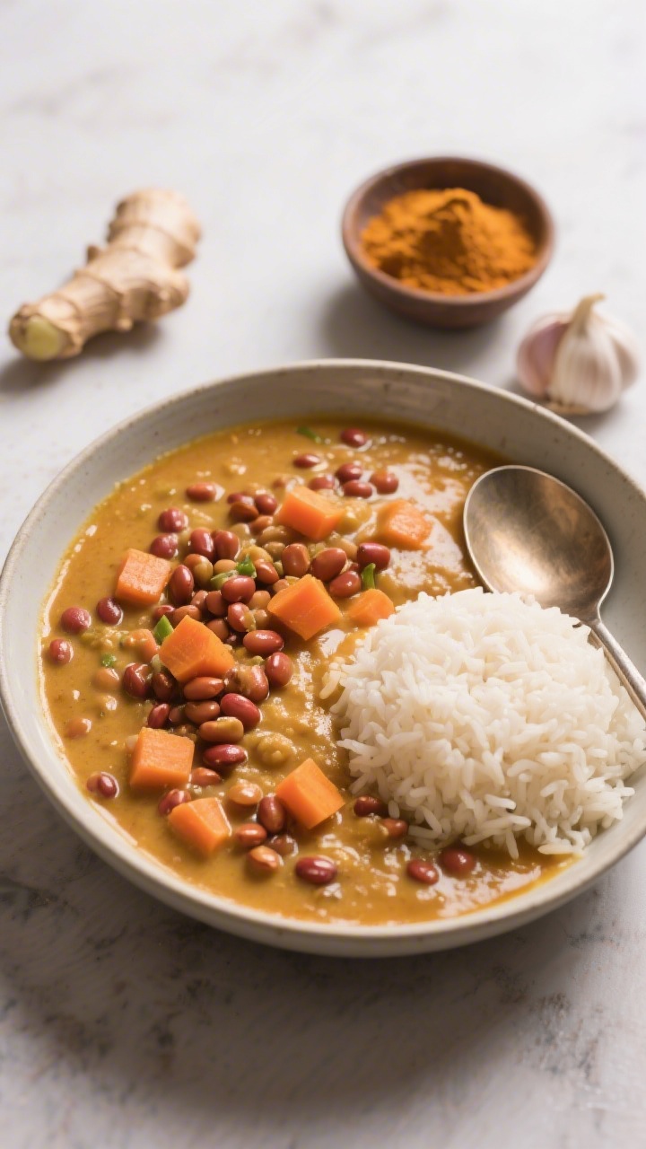Overhead bowl shot of cozy lentil and sweet carrot daal: creamy, mild orange-gold base with visible red/brown lentils, finely diced carrots softened into the sauce, gentle gloss from coconut or olive oil; aromatics implied with a nub of fresh ginger, a small dish of mild curry powder, and a garlic clove off to the side; served with a small mound of plain rice and a spoon, soft diffuse light for a soothing, spoon-lickable feel.