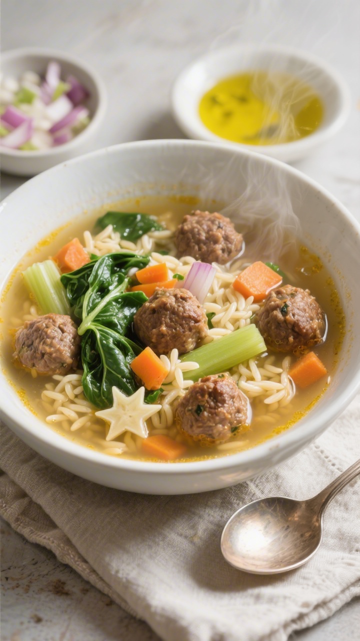 Overhead bowl shot of cozy mini meatball soup featuring star-like orzo (or small orzo grains), tender spinach ribbons, finely diced carrot, onion, and celery in a clear golden low-sodium broth; bite-size browned meatballs nestled throughout, steam rising; served in a white ceramic bowl on a linen napkin with a spoon to the side, olive oil sheen on the surface, rustic comfort mood with finely chopped aromatics in a small dish nearby