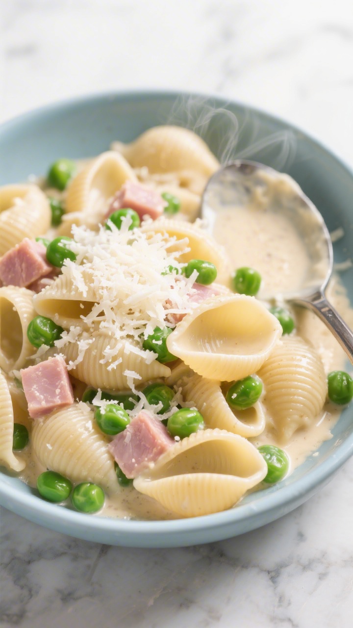 Overhead bowl shot of creamy one-pot pasta shells with peas and ham: small pasta shells bathed in a silky sauce from chicken broth and milk, dotted with bright green frozen peas and bite-size cubes of pink ham; a snowfall of freshly grated mild cheese melting on top, served in a pale blue ceramic bowl on a marble surface, a ladle nearby with creamy sauce clinging to shells, subtle steam and glossy sheen.