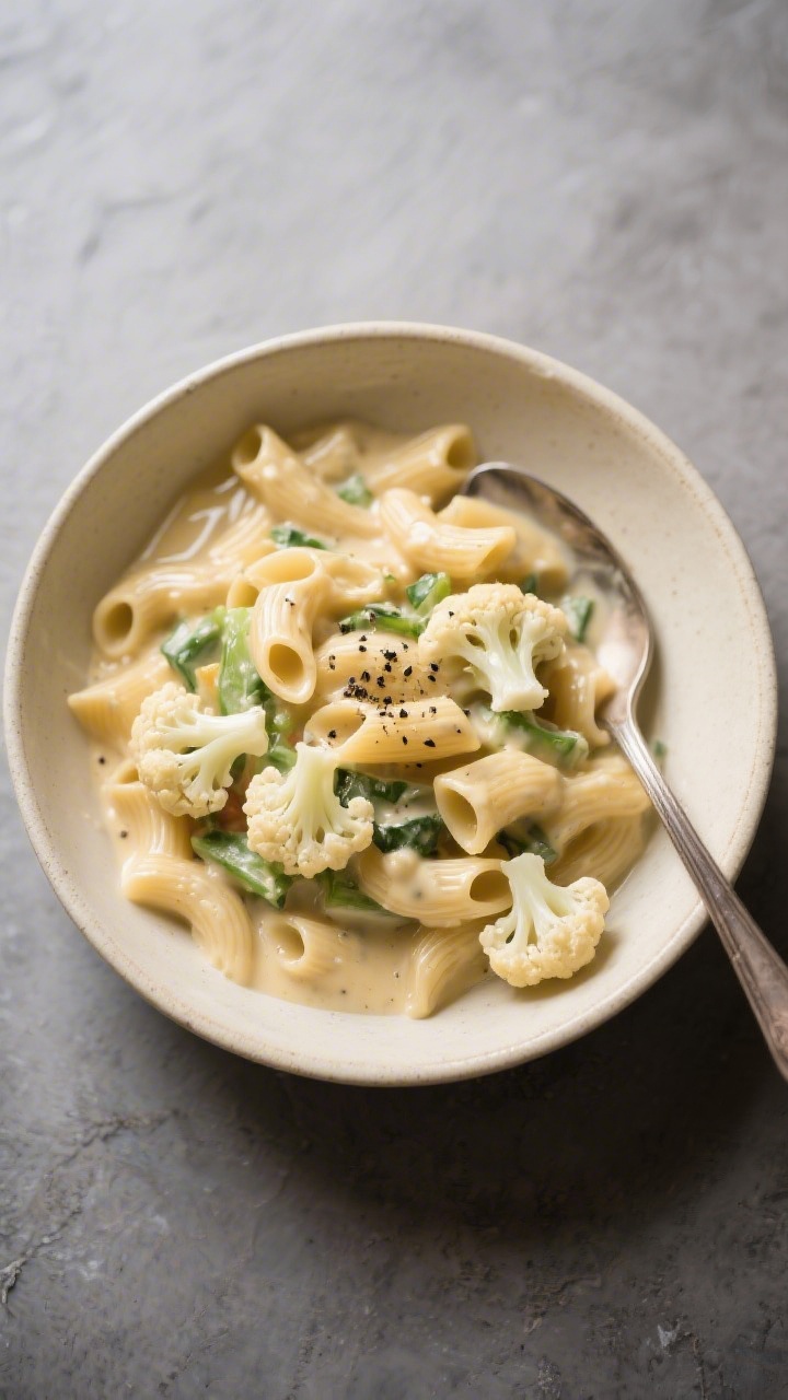 Overhead bowl shot of creamy one-pot veggie pasta with hidden cauliflower sauce: elbows/shells coated in a silky pale-golden sauce made from cauliflower, vegetable/chicken broth, and milk; garnished with a sprinkle of black pepper and a few tiny cauliflower florets for hinting at the base; served in a cream ceramic bowl on a matte slate surface, spoon resting in bowl, ultra-smooth, glossy sauce sheen.