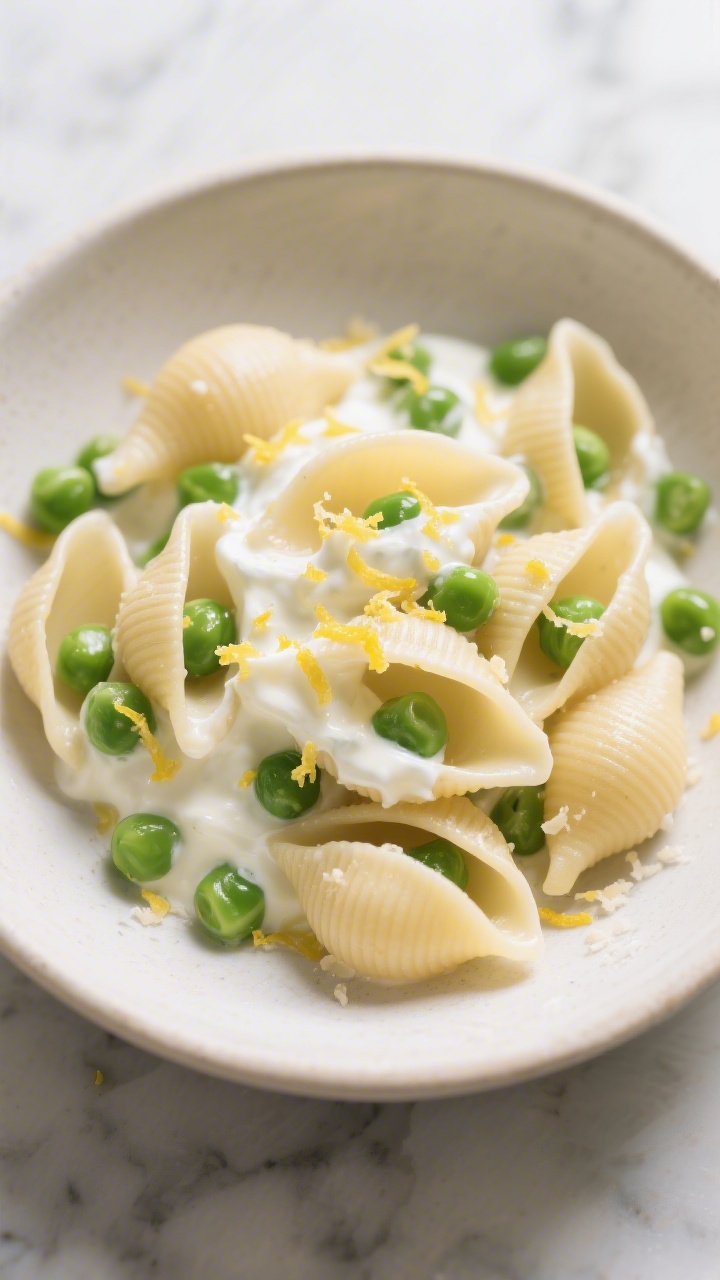 Overhead bowl shot of creamy yogurt pasta with peas and lemon zest: small pasta shells coated in a glossy sauce of plain whole-milk Greek yogurt, grated Parmesan, and a touch of olive oil; sweet green peas tucked into the shells, finished with a scatter of bright lemon zest; served in a matte off-white bowl on a cool marble surface, minimal garnish, soft diffused light highlighting creamy texture and fresh colors.