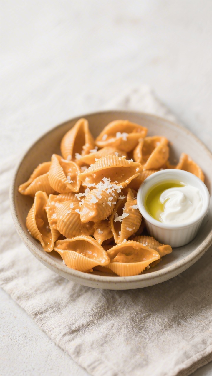 Overhead bowl shot of Dippable Yogurt Pasta: small pasta shells coated in a creamy blend of plain whole-milk Greek yogurt, smooth pumpkin puree, and very fine grated Parmesan; a light drizzle of olive oil and a pinch of salt flakes on top; a tiny dipping cup of extra pumpkin-yogurt sauce to the side for dunking; neutral ceramic bowl on a light linen, bright and clean styling highlighting the silky sauce and cozy orange hue.