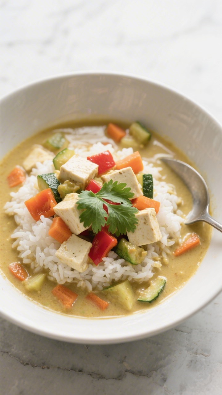 Overhead bowl shot of silky tofu veggie coconut curry poured over fluffy white rice: delicate tofu cubes nestled among finely diced carrot, red bell pepper, and zucchini in a glossy, pale-golden coconut broth; garnished with a few cilantro leaves; a spoon resting on the rim, light reflections emphasizing creaminess; minimal, modern styling on a light stone surface.