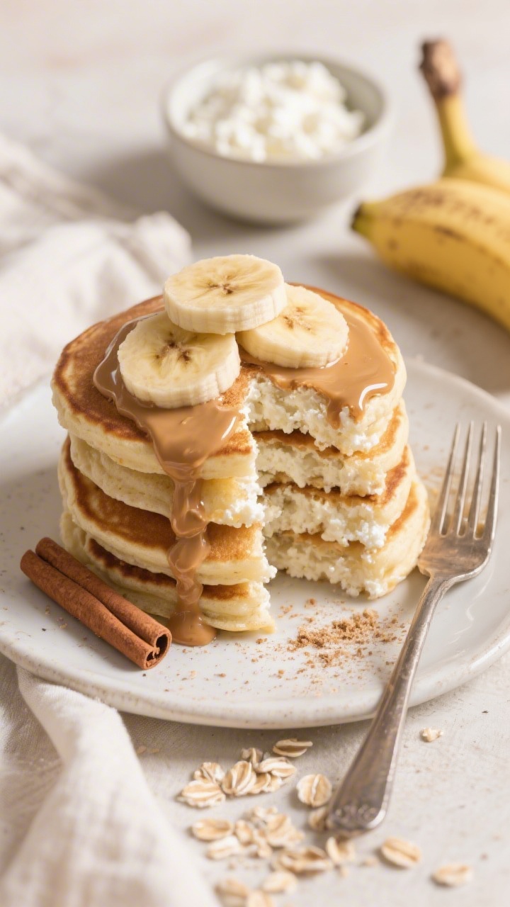 Overhead breakfast scene of cottage cheese pancakes stacked and slightly offset to showcase fluffy edges, topped with banana slices and a glossy peanut butter drizzle; specks of cinnamon visible, notes of oat flour texture around the cut edge; a small bowl of cottage cheese and a mashed banana fork imprint nearby; warm morning light on a pale linen.