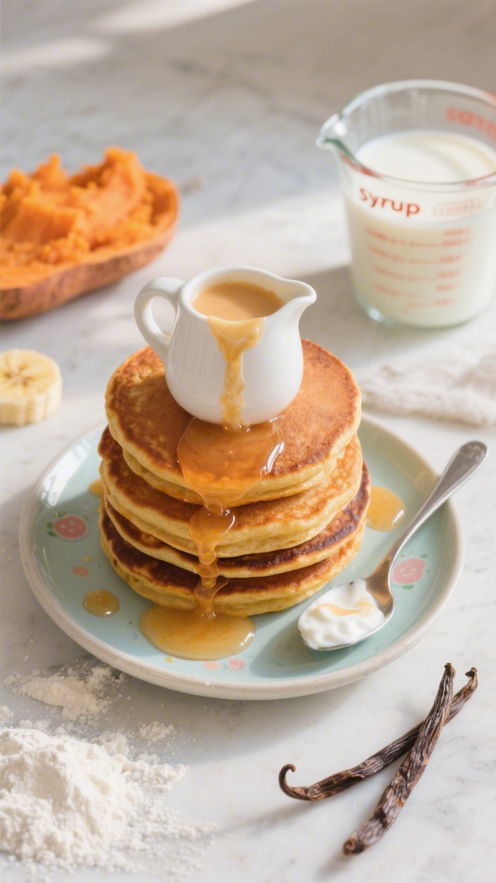 Overhead breakfast scene of sweet potato pancakes stacked on a small kid-friendly plate, fluffy and orange-tinted from mashed cooked sweet potato, with a glossy “syrup” drizzle made from mashed banana whisked into yogurt cascading down the sides. Include a small pitcher with the banana-yogurt sauce, a spoon with a smear showing creamy texture, and nearby ingredients: a split vanilla pod, a measuring cup of milk, and a light dusting of flour on the counter. Bright morning light, inviting and cozy.