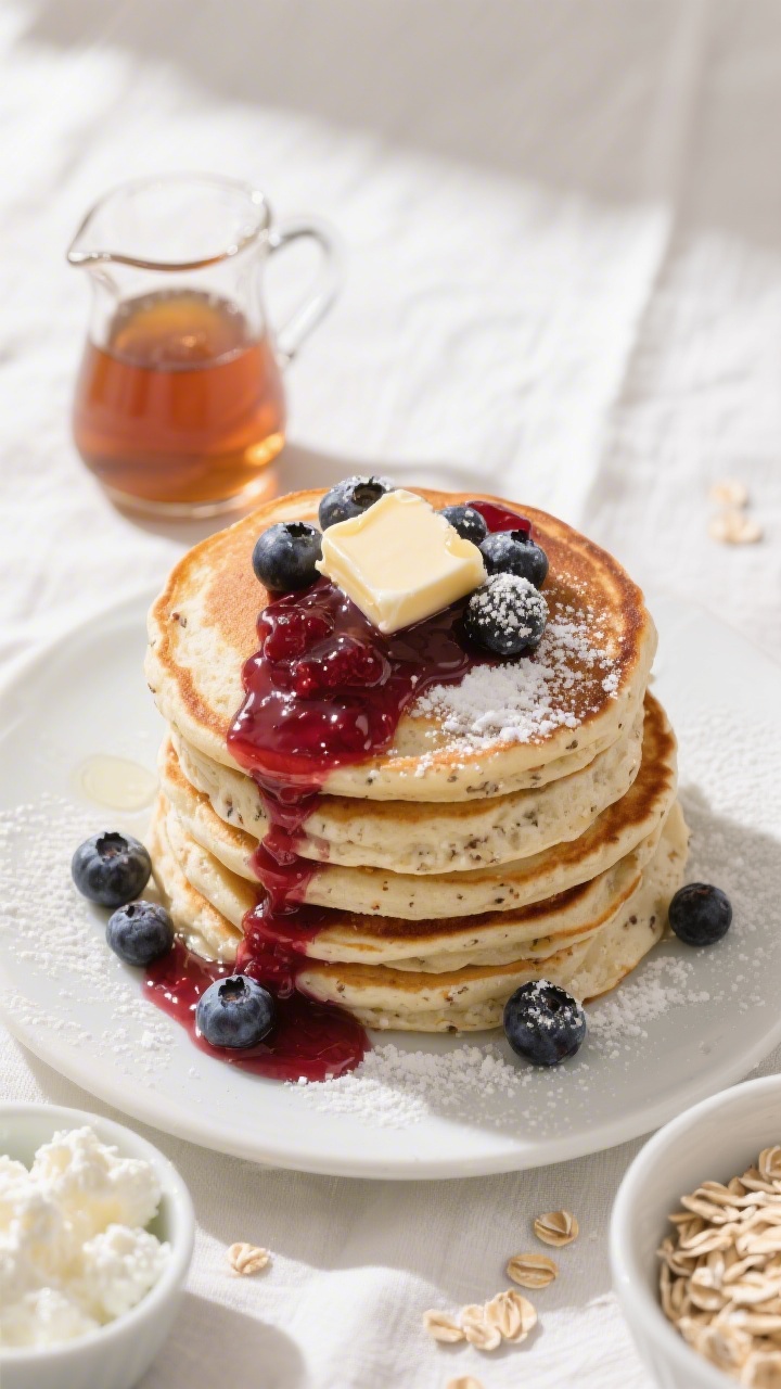 Overhead breakfast stack: fluffy cottage cheese pancake stacks with a glossy berry smash cascading down the sides, dotted with whole berries; pancakes show tender, oat-flecked texture with light browning; a small pitcher of maple syrup, pat of melting butter, and dusting of powdered sugar; ingredients hint—small bowl of cottage cheese and rolled oats—tucked at the frame edge; bright morning light on linen.