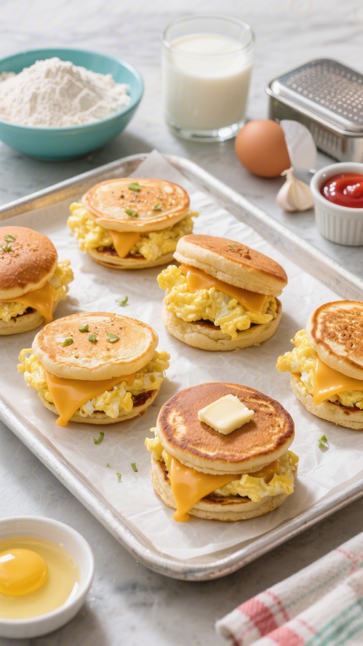 Overhead build scene of Savory Diner-Style Pancake Sliders with Cheesy Eggs: small savory pancakes (garlic-kissed) used as buns, layered with fluffy scrambled eggs studded with melted cheese, a dab of butter sheen on pancakes; a few assembled sliders on a parchment-lined tray, others mid-assembly; supporting elements include bowls of flour, baking powder, milk, egg, melted butter, and a garlic powder tin; optional ketchup and hot sauce ramekins to the side; crisp, diner-bright lighting emphasizing golden textures and melty cheese pull.