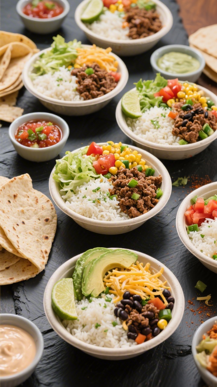Overhead build-your-own taco bowl spread with secret veggie rice: bowls arranged buffet-style featuring seasoned ground beef or turkey cooked with mild taco seasoning and water, fluffy white rice folded with finely chopped hidden veggies, and colorful toppings—shredded lettuce, diced tomatoes, corn, black beans, shredded cheese, avocado slices, lime wedges; small bowls of salsa and mild crema, warm tortillas on the side, vibrant, family-friendly styling on a dark slate surface for contrast, bright natural light highlighting textures and colors