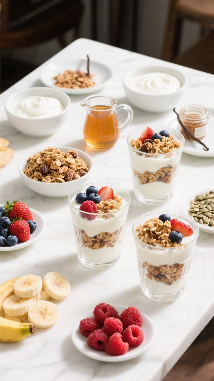 Overhead “build-your-own” yogurt parfait bar: bowls of plain Greek yogurt and vanilla skyr, a small pitcher of honey and a jar of maple syrup, a dish of vanilla extract, mounds of granola and crushed nuts, fresh berries (strawberries, blueberries, raspberries), sliced bananas, and seed mixes; clear glasses partially layered with yogurt, granola, and fruit to show textures; bright, colorful, inviting layout on a white table, natural light.