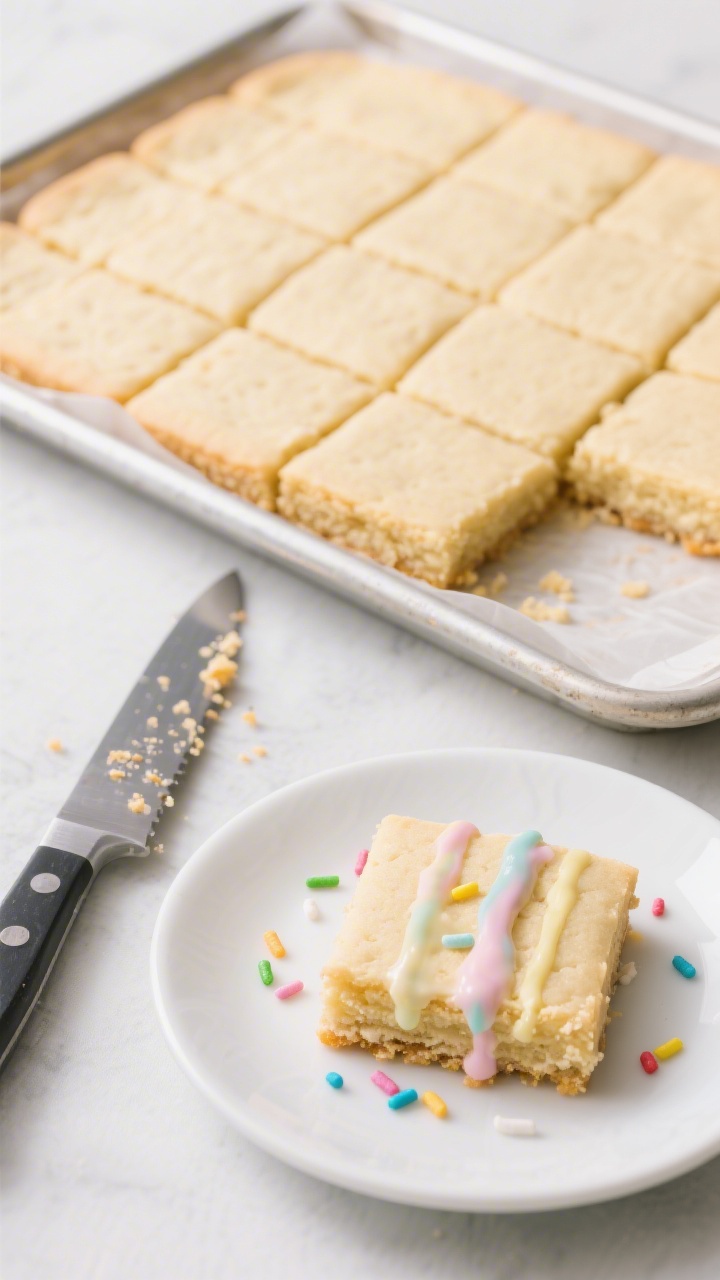 Overhead clean slice shot: Soft-Baked Sugar Cookie Bars cut into perfect uniform squares on a parchment-lined metal pan; pale golden, plush interior with smooth surface, some squares transferred to a white plate. Optional minimal pastel glaze drizzle and light rainbow sugar sprinkles for kid-friendly appeal. Show a sharp chef’s knife with a few crumbs, neat grid arrangement, bright even lighting for a bakery-fresh look.