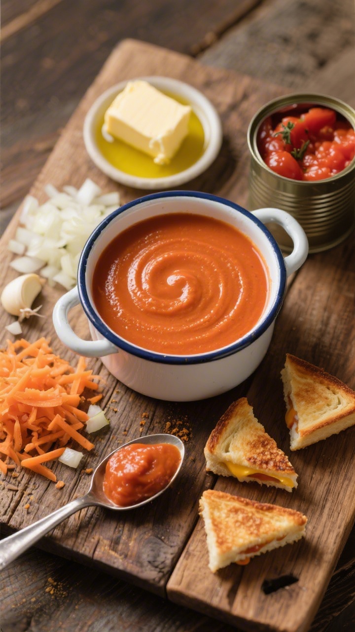 Overhead composition of No-Blend Creamy Tomato Soup in a small enamel saucepan, smooth and velvety with a glossy swirl; ingredients neatly arranged around: a pat of butter/olive oil, a pile of very finely minced onion, very finely grated carrot, minced garlic (or a pinch of garlic powder), a spoonful of tomato paste, and canned crushed tomatoes; on the side, mini grilled cheese dippers—bite-size triangles with browned edges and gooey centers; rustic wooden board, cozy comfort-food mood.