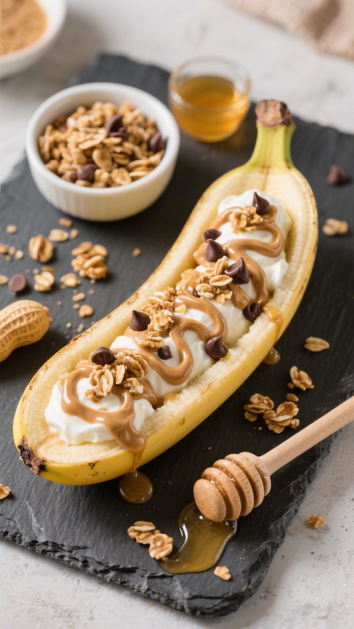 Overhead composition of peanut butter banana “sundae” boats: ripe but firm bananas split lengthwise and filled with creamy swirls of peanut butter and dollops of Greek yogurt, drizzled with honey. Topped with granola clusters and mini chocolate chips for crunch and sparkle. Served on a slate board with a small bowl of granola and a honey dipper nearby. Lively, kid-friendly energy with contrasting creamy, crunchy, and glossy textures in natural light.