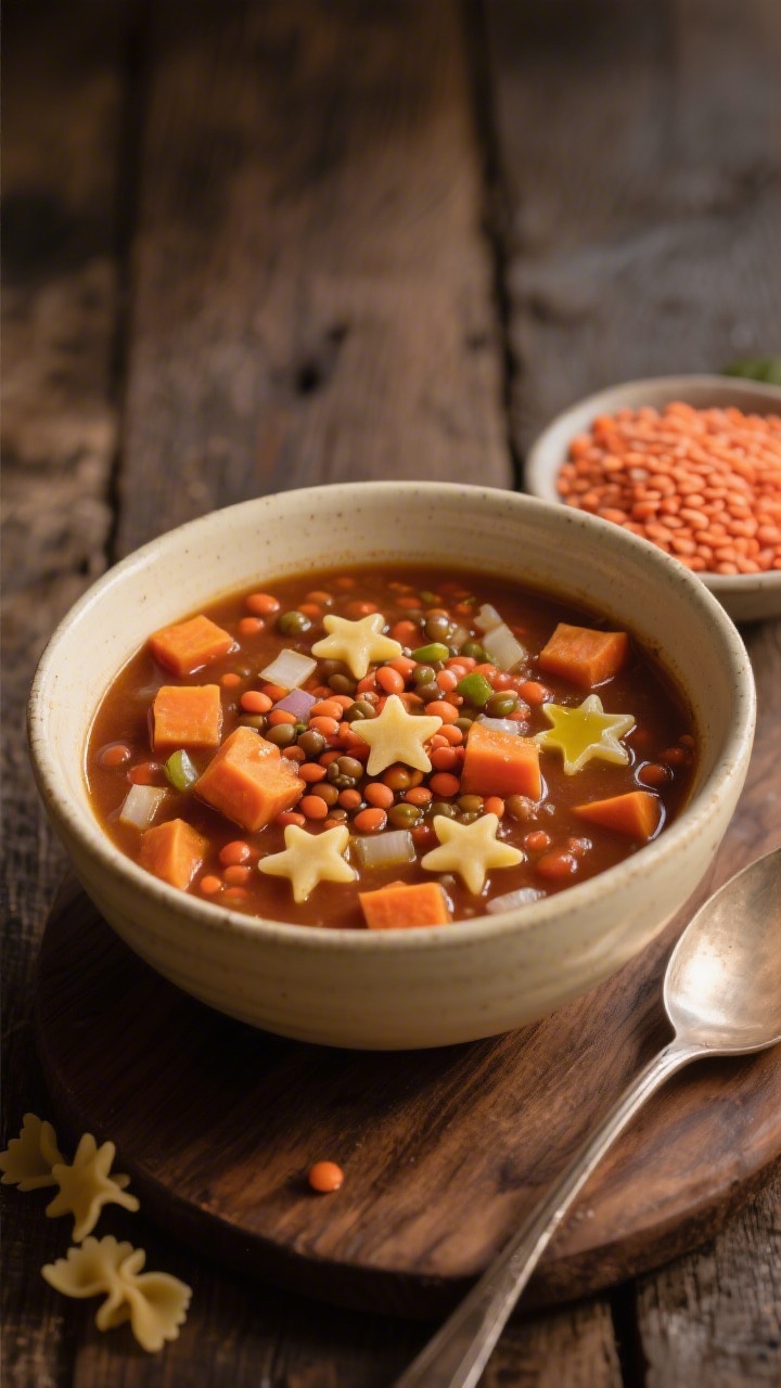 Overhead cozy bowl of lentil sweet potato stew with tiny stars: a warm, thick stew featuring red lentils, small-diced sweet potato, finely chopped onion, and carrot simmered in low-sodium broth, dotted with tiny star pasta shapes. Finished with a drizzle of olive oil for sheen. Served in a cream ceramic bowl on a rustic wooden table, with a ladle and a small dish of raw red lentils and star pasta nearby. Soft, evening light emphasizing comfort and hearty textures.
