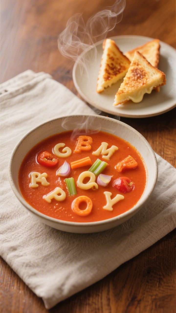 Overhead cozy scene of creamy tomato alphabet soup in a wide, shallow bowl, tiny pasta letters floating in a velvety red-orange base made from butter-sautéed carrot, onion, celery, and garlic with crushed tomatoes and broth, finished creamy. On the side: tiny grilled cheese dippers—mini triangles with melty centers and golden toast marks—resting on a small plate. Steam gently rising, set on a warm wooden table with a simple linen.