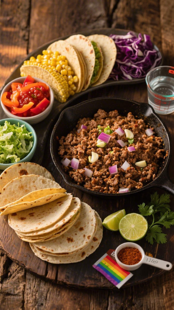 Overhead flat-lay of a build-your-own rainbow taco bar: small flour and corn tortillas warmed and stacked, a skillet of seasoned ground turkey with visible diced onion and garlic, bowls of colorful taco toppings arranged in a gradient (red salsa, orange bell peppers, yellow corn, green shredded lettuce, purple cabbage), a small dish of taco seasoning packet beside a measuring cup with 1/2 cup water, lime wedges and cilantro for brightness, all styled on a rustic wooden table with a soft, warm evening light; focus on vibrant colors and textures, no people.