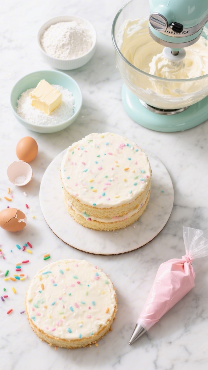 Overhead flat lay of a Confetti Funfetti Cloud Cake being assembled: three pastel sprinkle-studded vanilla cake layers on a marble surface, bowls holding sifted all-purpose flour with baking powder, baking soda, and fine salt, a stand mixer bowl of fluffy room-temperature unsalted butter and granulated sugar creamed pale, cracked large eggs ready to add, rainbow sprinkles scattered, and a piping bag of pink vanilla buttercream waiting; bright, airy lighting, soft pastel props, clean edges, no people.
