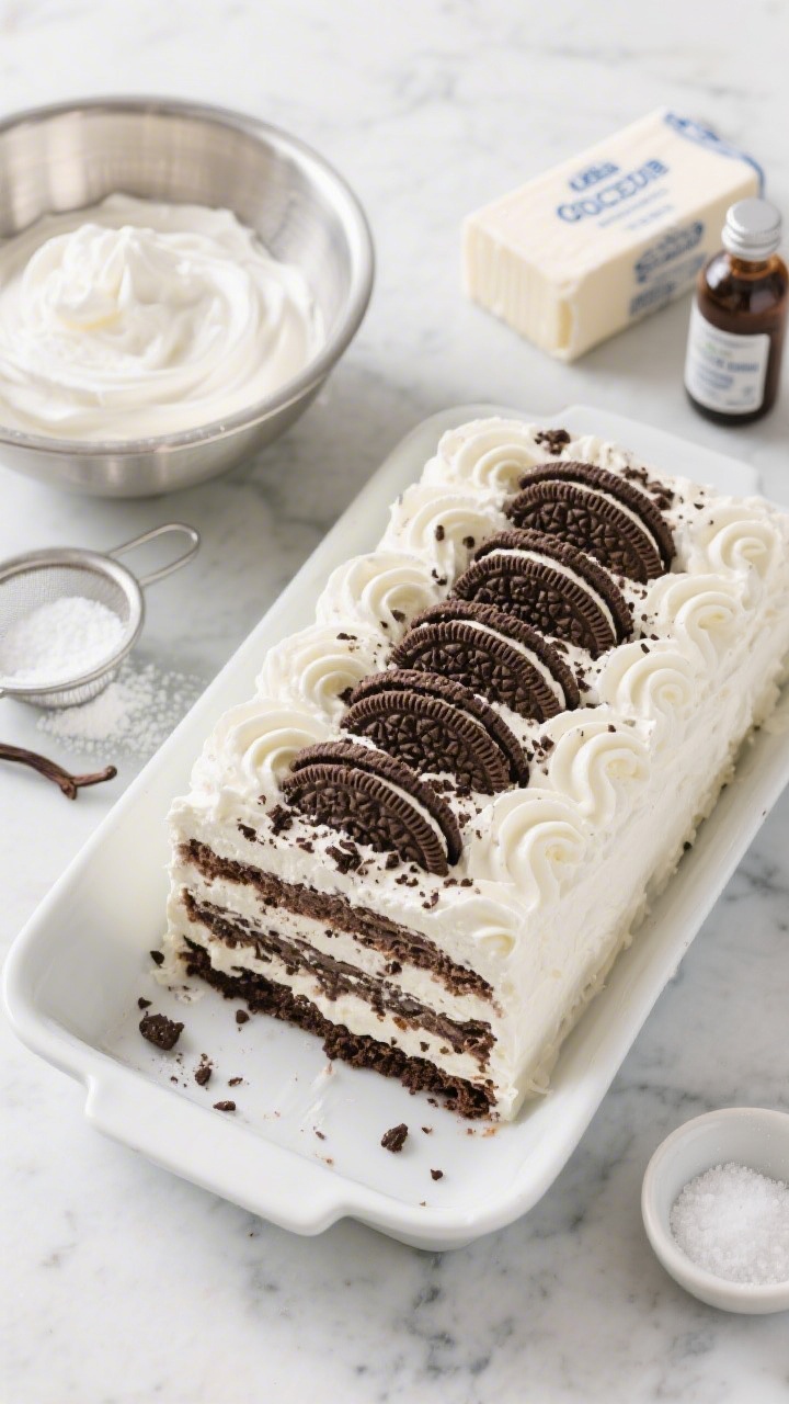 Overhead flat lay of a Cookies & Cream icebox cake in a rectangular dish: pristine, swirled layers of cold whipped cream-cheese filling and neatly stacked chocolate wafer cookies visible in a clean slice removed from one corner, revealing even strata; fine dusting of crushed chocolate wafers on top; surrounding ingredient set includes a chilled metal bowl with whipped heavy cream, a block of cream cheese wrapper, powdered sugar in a sieve, vanilla extract bottle, and a pinch bowl of fine salt, all on a cool marble surface to convey make-ahead ease.