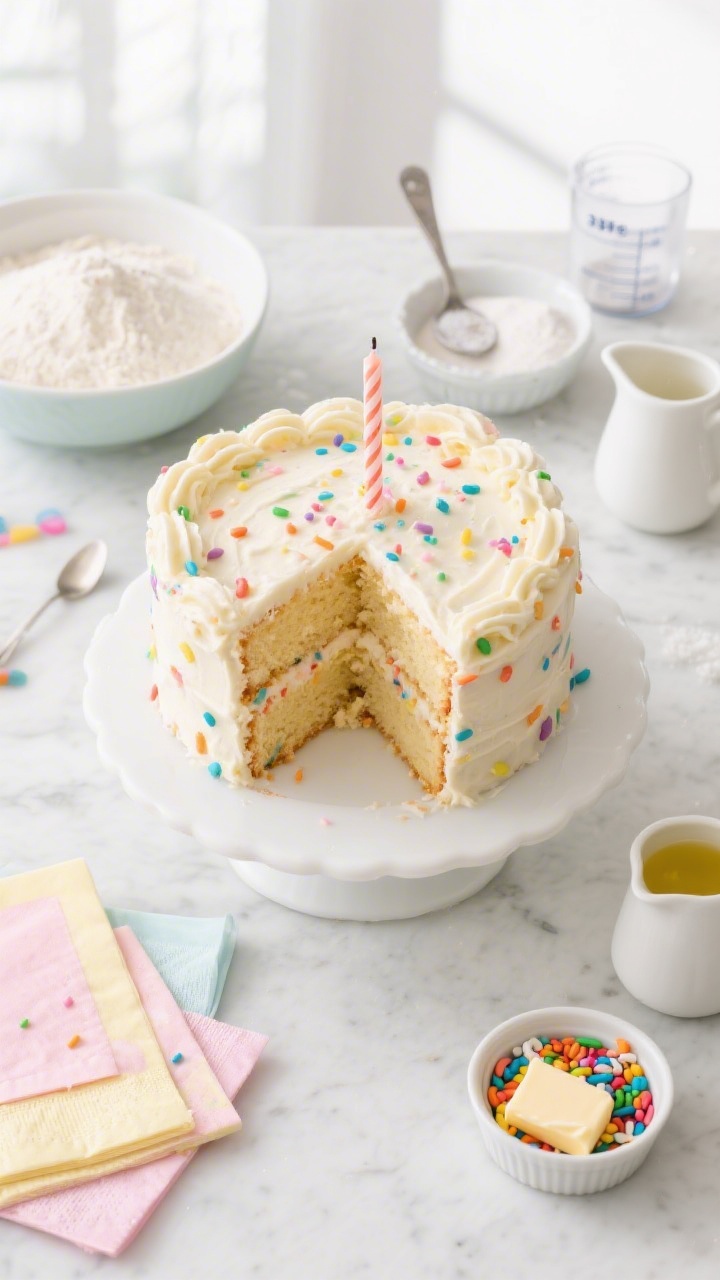 Overhead flat lay of a freshly frosted Rainbow Confetti Vanilla Cake on a white cake stand: moist vanilla layers speckled with rainbow sprinkles visible in a clean slice, topped with fluffy vanilla buttercream and a generous shower of rainbow confetti. Surround with measured ingredients and tools from the recipe—330 g all-purpose flour in a bowl, teaspoons of baking powder and baking soda, a pinch of fine sea salt, room-temperature unsalted butter, a small pitcher of neutral oil, and colorful jimmies in a ramekin. Bright, kid-party vibe with pastel napkins and birthday candles, shot on a light marble surface, soft natural window light.