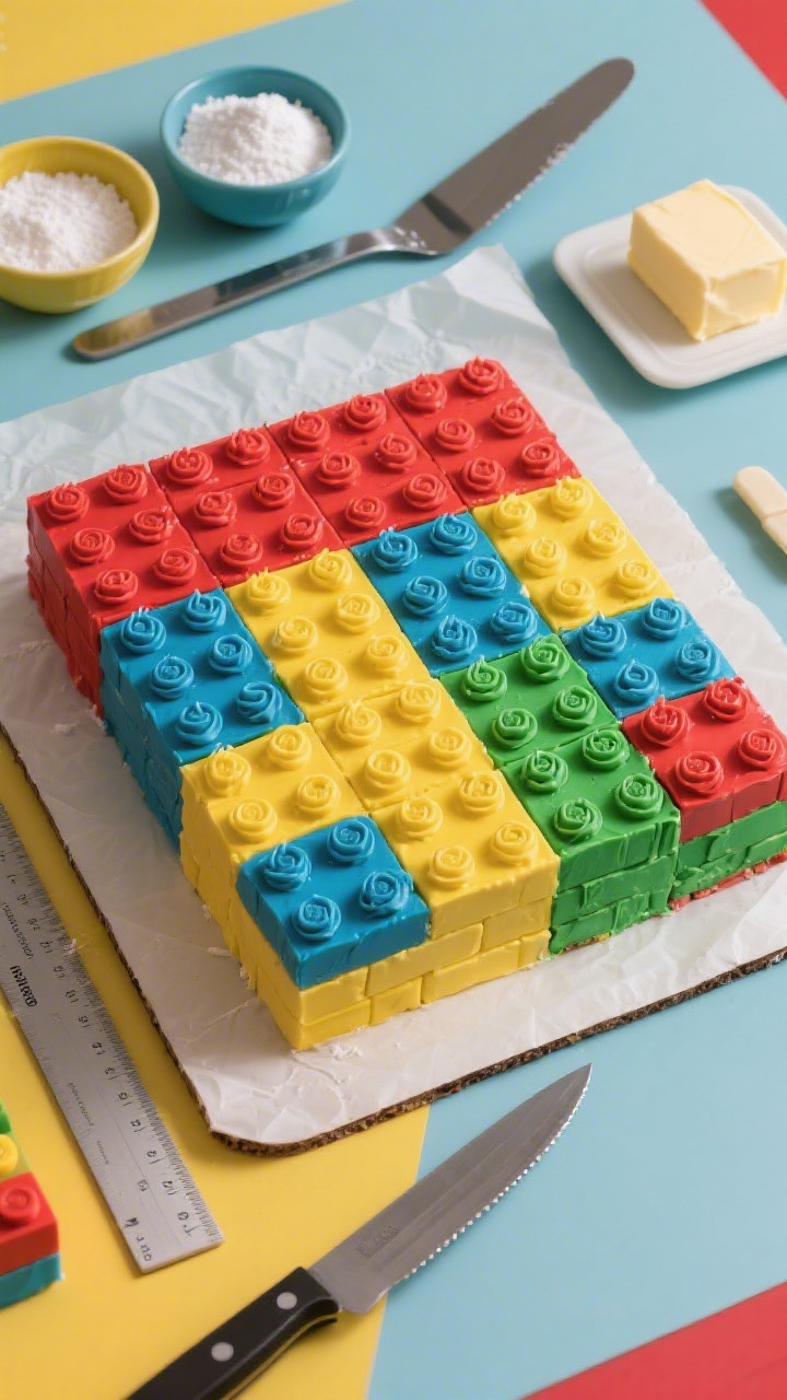 Overhead flat lay of a Lego brick block cake build scene: a 9x13-inch sheet cake cut into multiple rectangles and squares, each iced in vivid American buttercream colors (primary red, blue, yellow, green) with smooth, sharp edges; matching buttercream “studs” piped on top to mimic bricks; bowls of sifted powdered sugar, room-temp unsalted butter, and offset spatulas arranged neatly; a ruler and serrated knife for clean cuts; set on a parchment-lined baking surface, graphic composition, high contrast, playful yet precise styling.