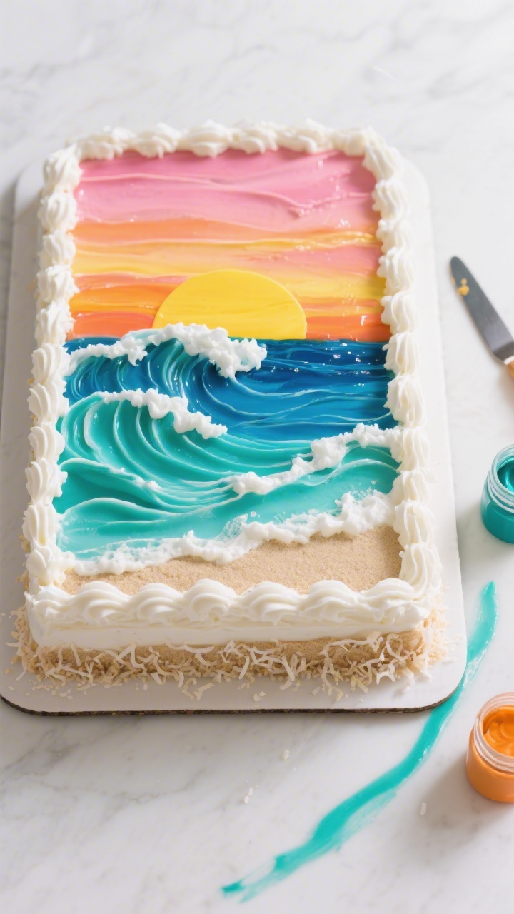 Overhead flat lay of a Malibu Sunset 13x9 sheet cake decorated with buttercream waves: smooth sunset gradient from yellow to orange to pink sky, blending into sky blue and teal wave crests; crisp white buttercream foam details; optional “sand” edge made from 1/2 cup shredded coconut; gel colors visible in small open jars at the side, with a palette knife streaked in teal; bright coastal mood, clean edges, saturated color, glossy buttercream texture.