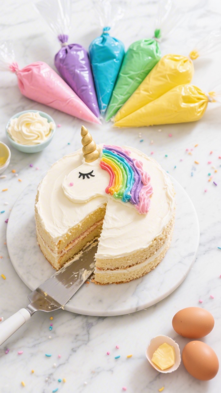 Overhead flat lay of a Rainbow Unicorn Mane Cake assembly on a white marble surface: two 7-inch vanilla cake layers made from all-purpose flour, baking powder, fine salt, granulated sugar, unsalted butter, and four large eggs, with bowls of tinted rainbow buttercream piping bags arranged in a fan (pink, purple, blue, green, yellow), crumb-coated cake on a turntable, offset spatula with buttercream swipe, scattered pastel sprinkles; bright, playful lighting, clean kid-party vibe.