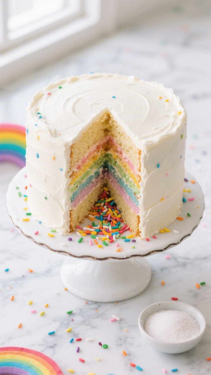 Overhead flat lay of a sliced Rainbow Surprise Sprinkle Explosion Cake on a white cake stand: tall vanilla layer cake with a hollow center spilling rainbow sprinkles, smooth white buttercream exterior with rainbow confetti around the base, visible tender crumb from all-purpose flour, eggs, and butter, bright pastel layers inside, scattered extra sprinkles and a small bowl of granulated sugar nearby, clean marble background, vibrant kid-party mood, sharp focus, natural window light.