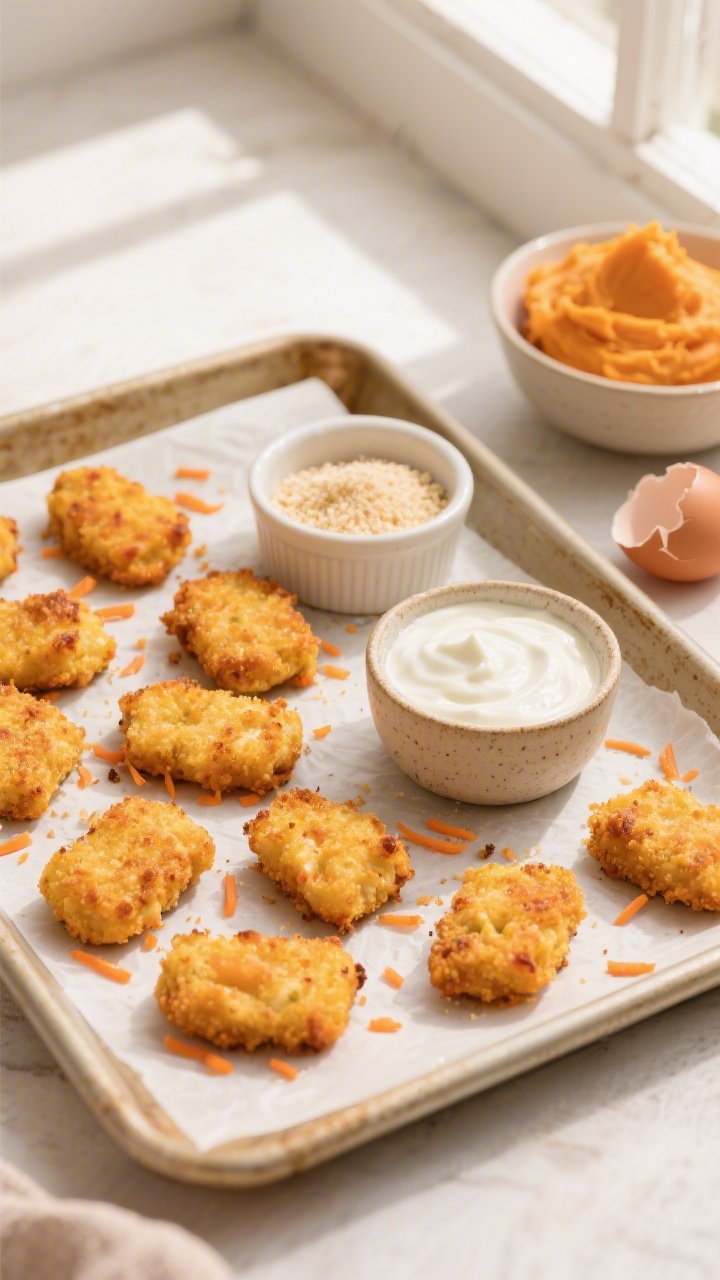 Overhead flat lay of baked creamy sweet potato and carrot nuggets on a parchment-lined sheet pan, golden and lightly crisp, with visible flecks of finely grated carrot; a small ramekin of breadcrumbs, a cracked egg shell, and a bowl of mashed sweet potato nearby; warm, child-friendly styling with neutral ceramic dipping bowl of mild yogurt ranch; soft natural window light, minimal props, clean background.