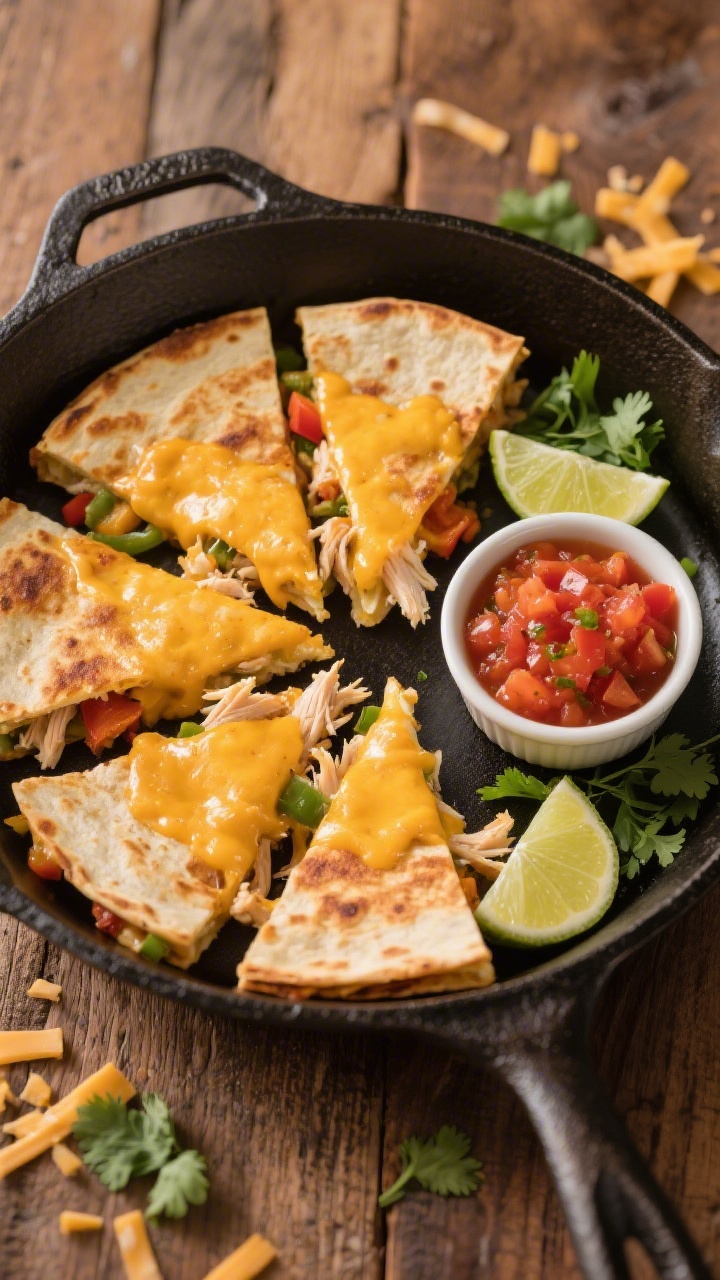 Overhead flat lay of crispy golden-brown cheesy chicken quesadilla triangles on a cast-iron skillet, oozing melted cheddar/Monterey Jack, with visible shredded rotisserie chicken, finely chopped bell pepper peeking from the seams, and a side ramekin of mild salsa/canned diced tomatoes (well-drained). Include scattered cilantro, lime wedges, and a few stray shreds of cheese on a warm rustic wooden surface; focus on melty cheese pull and toasted tortilla texture, no people, professional studio lighting.