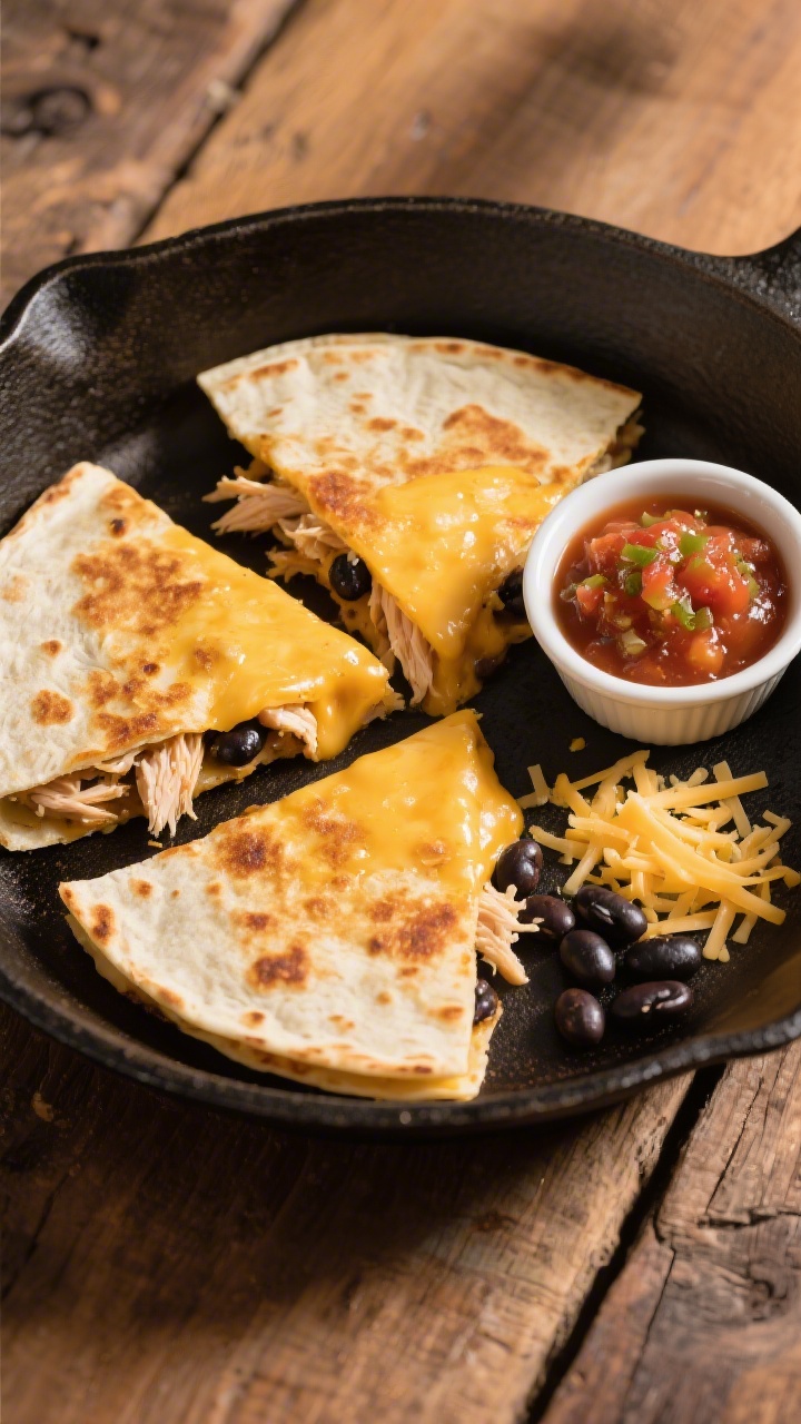 Overhead flat lay of golden-brown cheesy chicken quesadilla triangles on a cast-iron skillet, cheese visibly oozing from cut edges, with flecks of shredded rotisserie chicken and black beans tucked between toasted flour tortillas; a small ramekin of mild salsa on the side, scattered grated Mexican blend cheese and a few rinsed black beans on a warm wooden surface for context, crisp edges and melty texture emphasized, no people, professional studio lighting