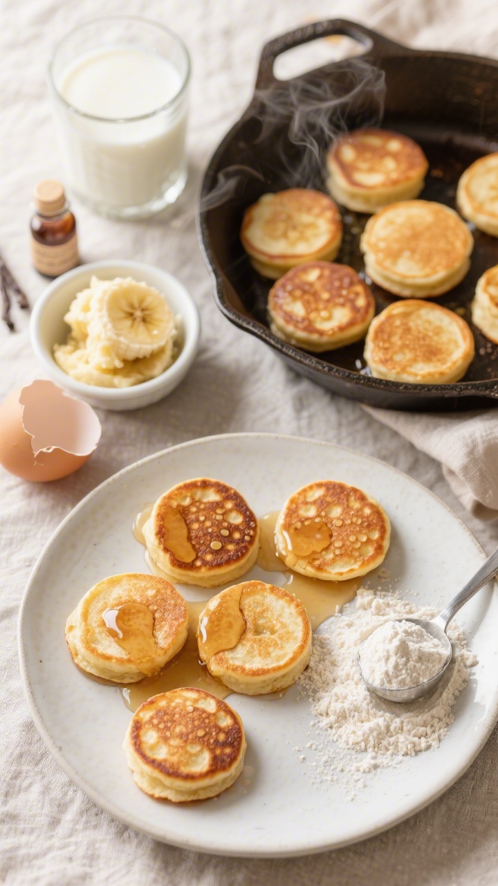 Overhead flat lay of mini banana pancake bites on a warm cast-iron skillet and a nearby plate, golden-brown with tiny bubbles, drizzled lightly with maple syrup; props include a small bowl of mashed ripe banana, a cracked egg shell, a glass of milk, a bottle of vanilla extract, and a scoop of white whole wheat flour with a teaspoon of baking powder nearby; soft morning light, neutral linen, steam subtly visible, kid-friendly cozy mood, no people.
