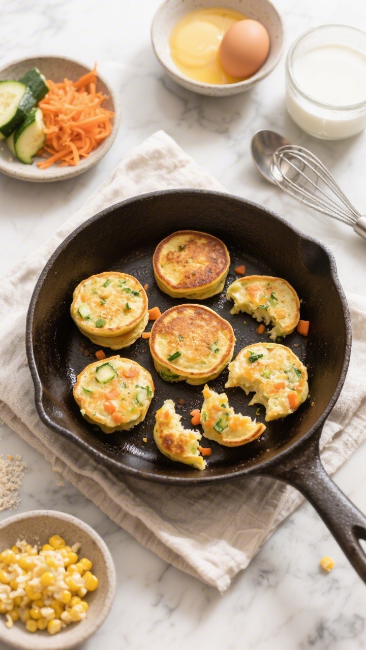 Overhead flat lay of mini cheesy veggie pancake bites just off the griddle: golden, puffed rounds with visible flecks of finely grated zucchini, carrot, and chopped corn, lightly browned edges, a few broken open to show moist, cheesy interior. Surround with small bowls holding squeezed-dry grated zucchini, grated carrot, chopped thawed corn, eggs, milk, and flour, plus a whisk and ladle. Styled on a warm cast-iron skillet and a light linen on a marble counter, soft morning light, crisp detail, no people.