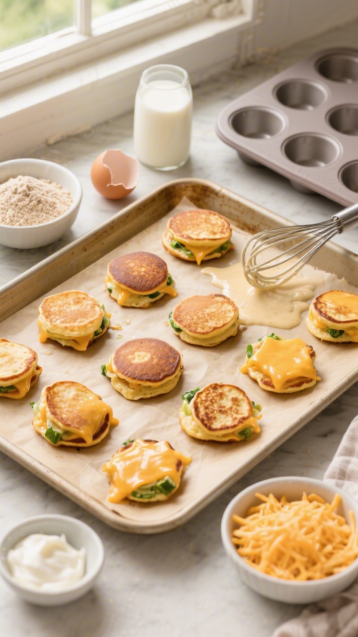 Overhead flat lay of mini Cheesy Veggie Pancake Bites on a parchment-lined baking sheet, golden and puffy with melted cheese peeking through; small bowls around the pan holding whole wheat flour, baking powder, baking soda, salt, a cracked large egg, milk (labeled dairy or unsweetened oat), plain Greek yogurt, and shredded mild cheese; a whisk with a few batter drips and a silicone mini-muffin pan in frame; warm, natural window light, soft toddler-friendly aesthetic, crisp textures on the browned edges.