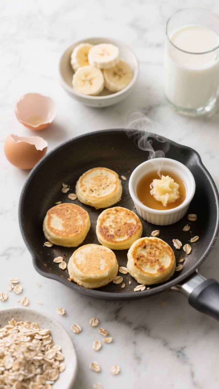 Overhead flat lay of mini fluffy banana oat pancake bites fresh off a nonstick skillet, golden and pillowy, with visible oat flecks. Include a small bowl of mashed ripe banana, a cracked egg shell, a splash of milk in a glass, quick oats, and a tiny mound of baking powder on a marble surface. Style with a toddler-friendly dipping ramekin of warm mashed banana “syrup,” soft natural light, minimal props, steam subtly rising for warmth, clean neutrals to highlight the no-sugar, big-flavor simplicity.