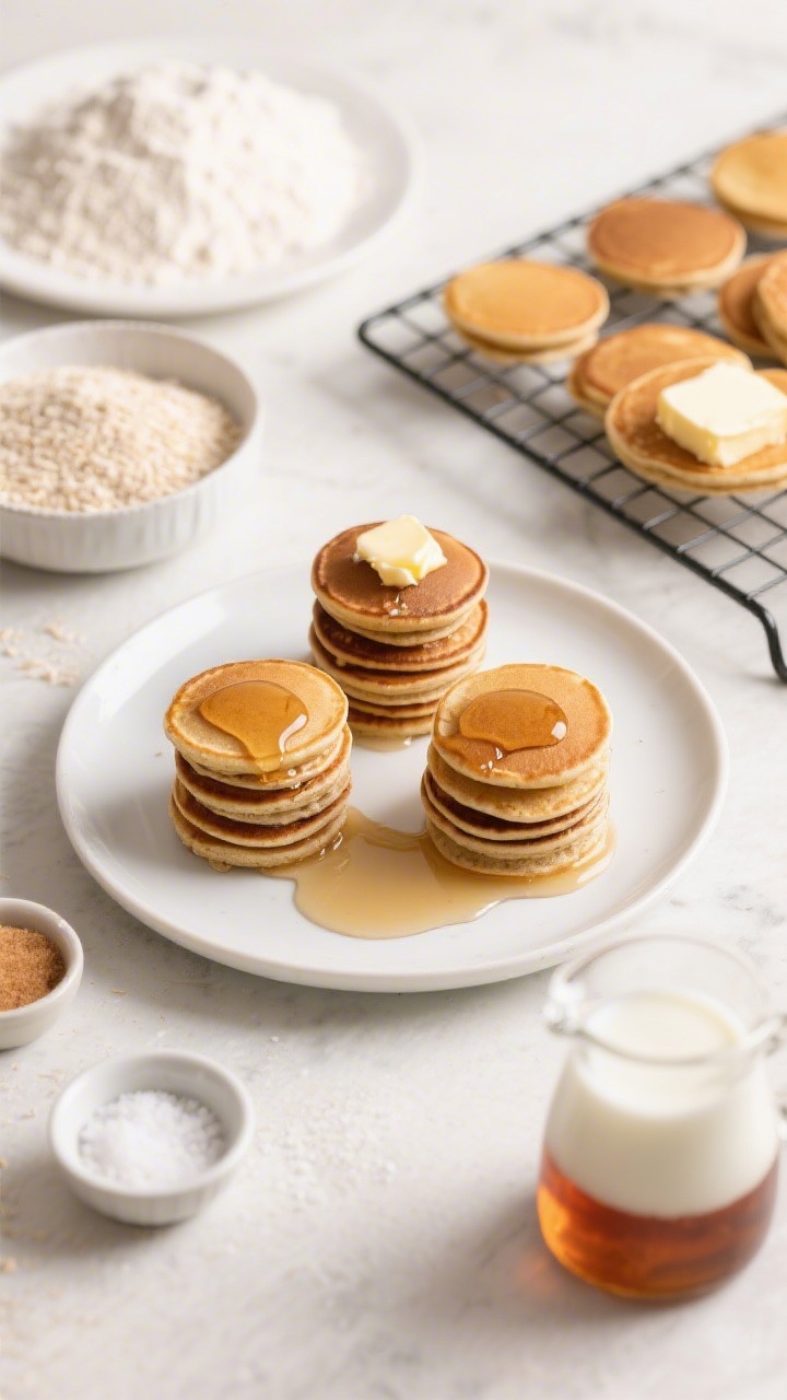 Overhead flat lay of mini whole-wheat pancakes stacked in small toddler-friendly towers on a white plate, golden-brown with tender crumb, a light drizzle of maple syrup glistening; surrounding mise en place: white whole-wheat flour, baking powder, baking soda, a pinch bowl of salt, milk, and sugar/maple syrup; a cooling rack with more mini pancakes and a pat of melting butter off to the side; warm, family-breakfast mood.