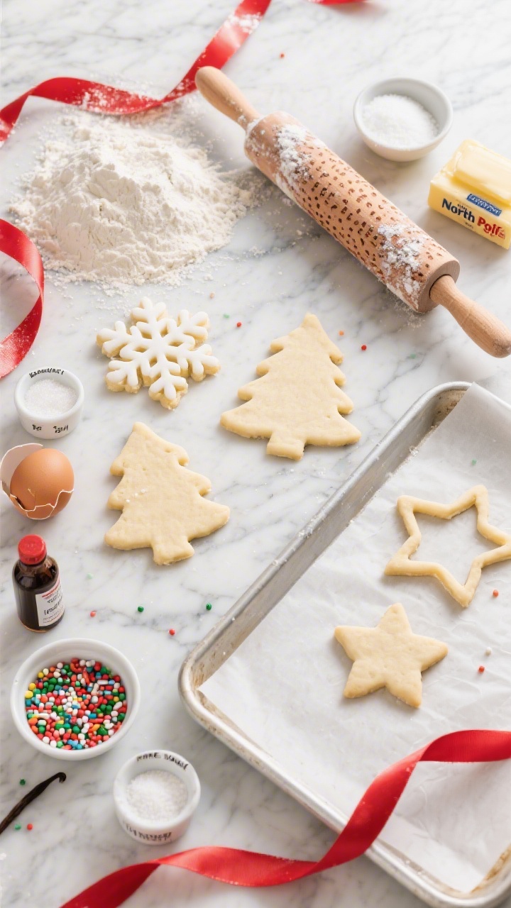 Overhead flat lay of North Pole sugar cookie cutouts on a floured marble surface: rolled dough with snowflake, tree, and star cutouts, a wooden rolling pin dusted with 2 3/4 cups all-purpose flour, small bowls of colorful sprinkles ready to shower the cookies, and a parchment-lined baking sheet with cut shapes. Include visual cues of ingredients used: a stick of softened unsalted butter with wrapper, a small dish of granulated sugar, a cracked large egg in a ramekin, a bottle of vanilla extract, and tiny pinch bowls labeled baking powder and fine salt. Bright, playful holiday styling with red-and-white ribbon, crisp textures, and tacky sheen on raw dough, professional studio lighting, no people.