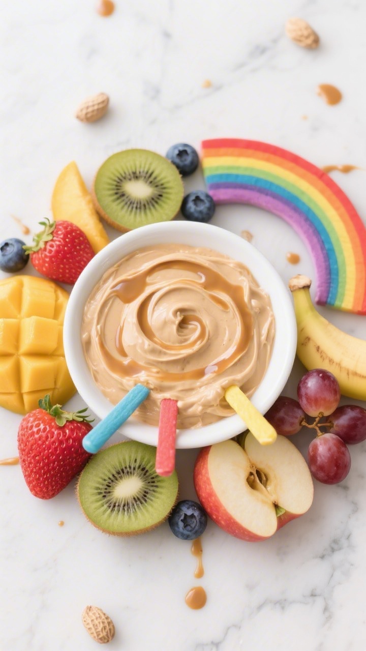Overhead flat lay of peanut butter yogurt dip with rainbow fruit dippers: a small white bowl of thick plain whole-milk Greek yogurt whisked with natural peanut butter, maple syrup, vanilla, and a pinch of cinnamon, swirled to a glossy finish; arranged around it—vibrant fruit sticks and slices (strawberries, blueberries, kiwi, mango, apple, banana, grapes) forming a rainbow arc; clean marble surface, tiny drizzle trails of peanut butter on the dip, bright and playful toddler-friendly styling