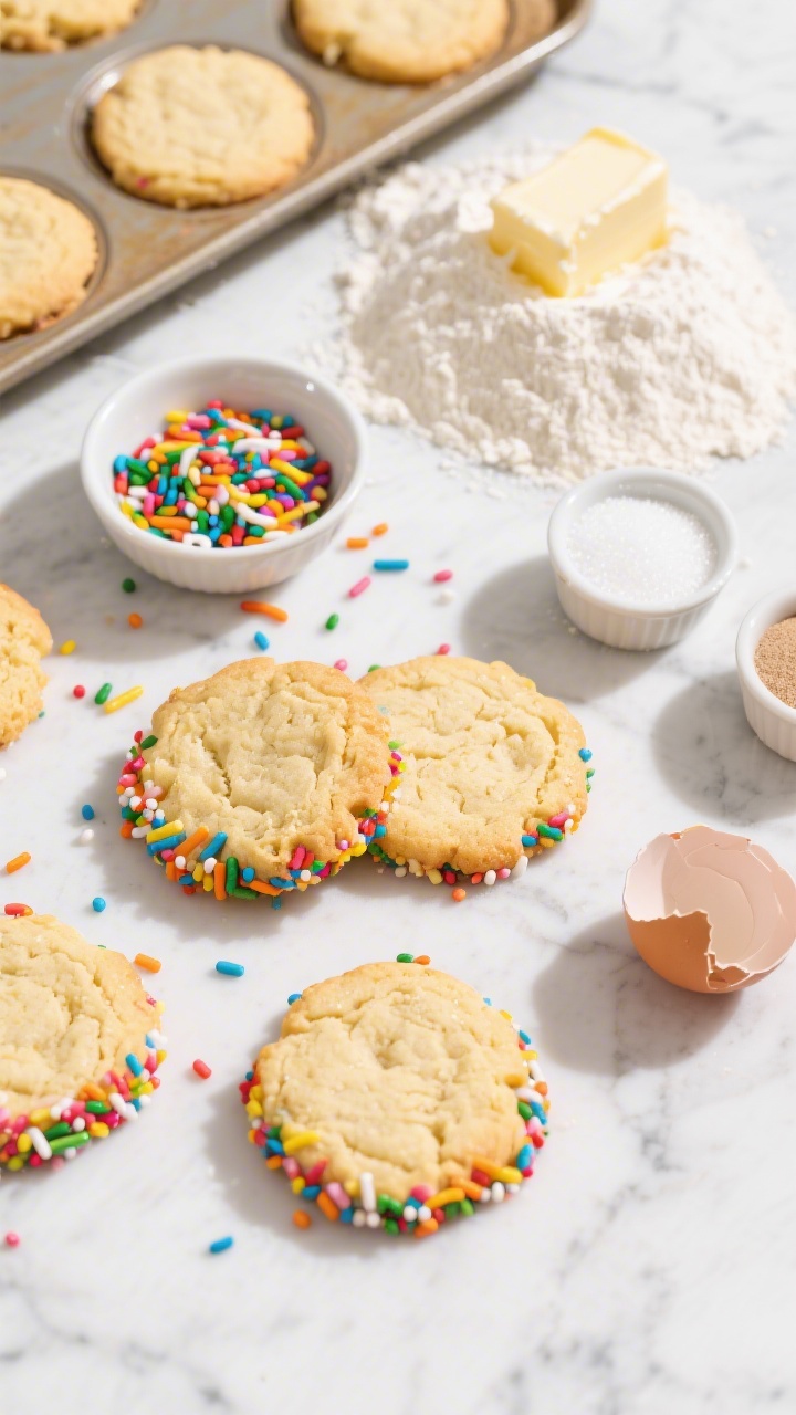 Overhead flat lay of Rainbow Sprinkle Sugar Cookies just out of the oven: golden sugar cookies with craggy edges rolled in rainbow sprinkles, a small bowl of multicolor jimmies spilling onto a white marble surface, visible ingredients nearby including a mound of all-purpose flour, a pat of softened unsalted butter, a ramekin of granulated sugar, baking powder and baking soda in tiny pinch bowls, and a cracked egg shell; bright, kid-party mood with vibrant colors, natural window light, crisp shadows, no people.
