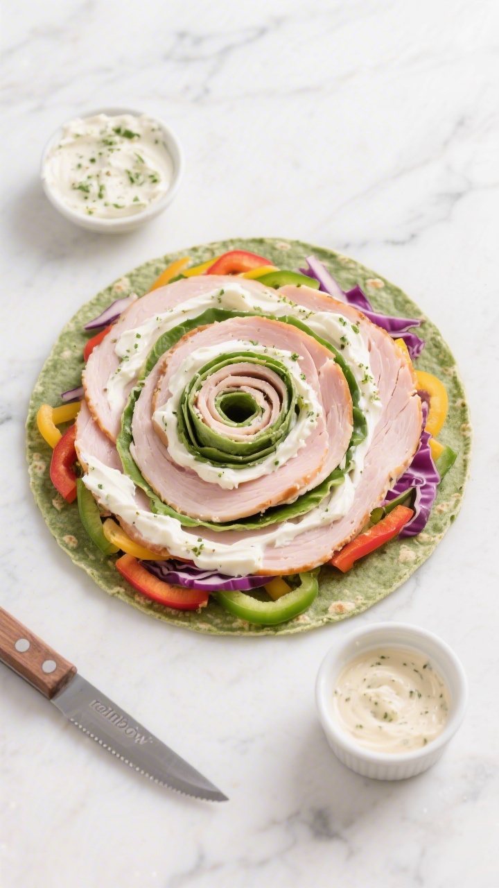 Overhead flat lay of rainbow turkey pinwheels being assembled on a 10-inch spinach tortilla: softened light cream cheese mixed with ranch seasoning swirled across the tortilla, layered with neat rows of sliced deli turkey (smoked and oven-roasted mix for color variation) and thin julienne rainbow veggies peeking in the frame for visual color (suggest bell pepper strips and purple cabbage to imply “rainbow”), then tightly rolled and sliced into spirals showing creamy ranch swirls; vibrant greens from the tortilla, creamy white swirls, pale pink turkey; styled on a white marble surface with a sharp knife and a small ramekin of extra ranch mix, crisp, clean kid-friendly lunchbox mood, no people, professional studio lighting.