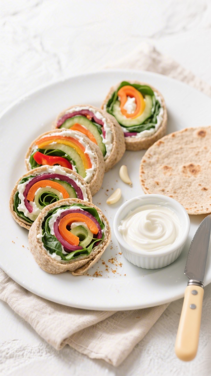 Overhead flat-lay of Rainbow Veggie Pinwheel Roll-Ups sliced into tidy spirals on a white platter: soft whole-wheat and spinach tortillas spread with plain Greek yogurt or cream cheese lightly sweetened with a touch of honey, seasoned with mild garlic powder, then rolled around thin rainbow strips of carrot, cucumber, red bell pepper, and baby spinach; vibrant cross-sections showcased, a few pinwheels slightly askew to reveal creamy swirls; neutral linen, small ramekin of yogurt spread, and a child-friendly knife nearby; bright, clean lighting, crisp textures, no people.