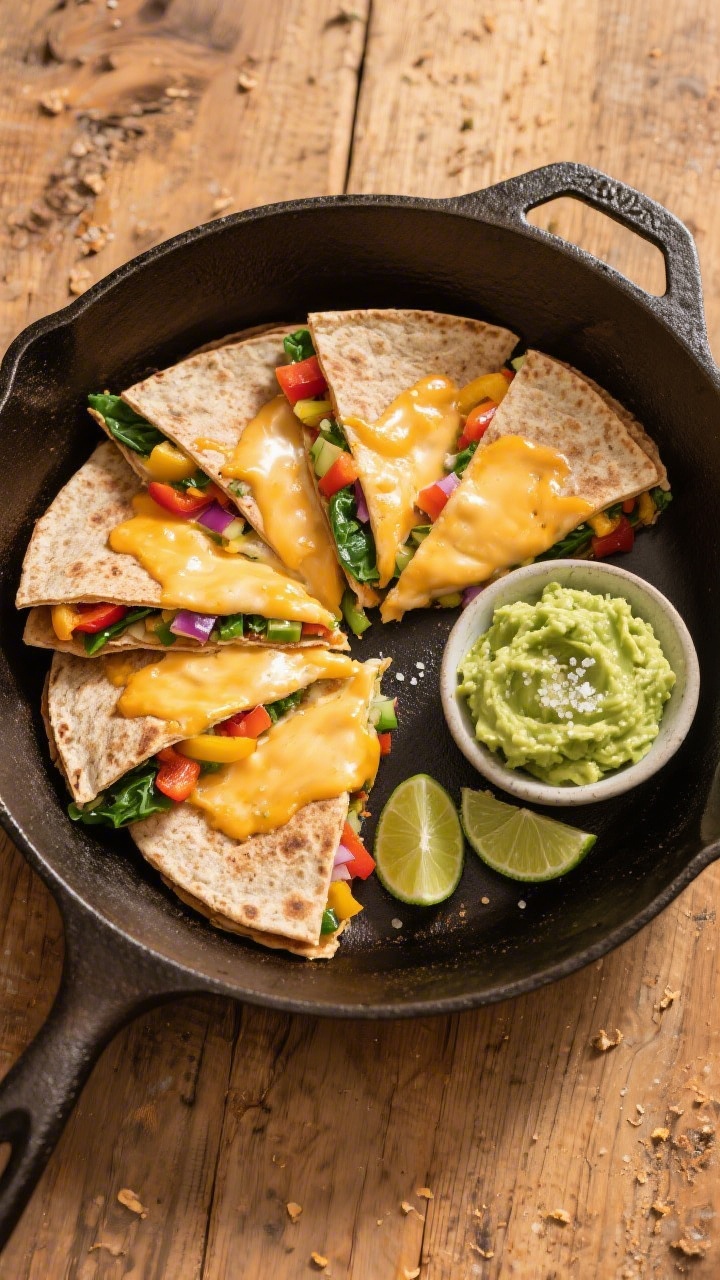 Overhead flat lay of rainbow veggie quesadilla triangles arranged in a fan on a warm cast-iron skillet: melted mild cheese oozing, very finely chopped bell pepper in mixed colors and spinach peeking from the layers between whole-wheat tortillas. On the side, a small bowl of creamy avocado-lime mash with lime halves and a sprinkle of sea salt. Bright, kid-friendly palette, tidy crumbs, and a casual wooden surface for lively weeknight vibes.